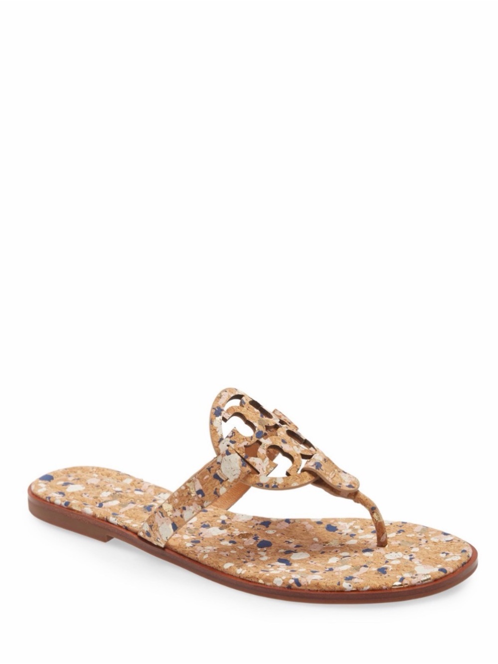 Tory Burch Cork-Pattern Thong Sandals in Natural with Blue and White Speckle 9US